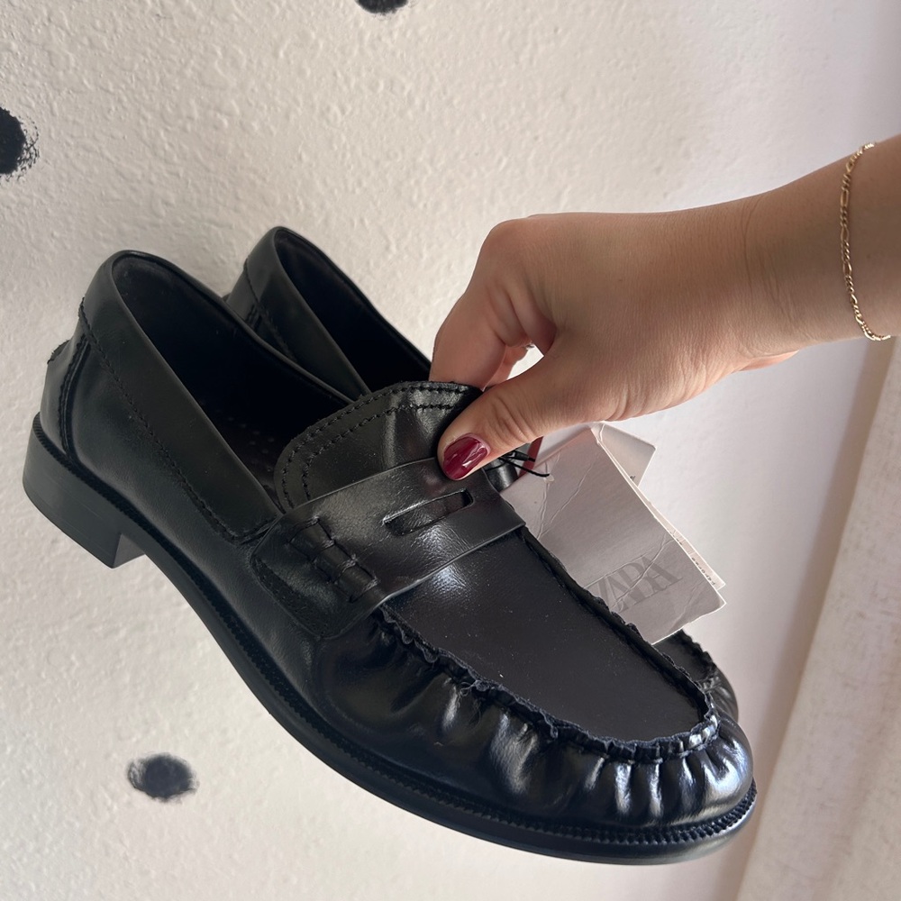 Zara Black Leather Penny Loafers NWT 7.5